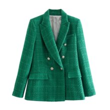 欧美女装春秋季时尚双排扣花呢格子西装外套复古长袖口袋西服外套
