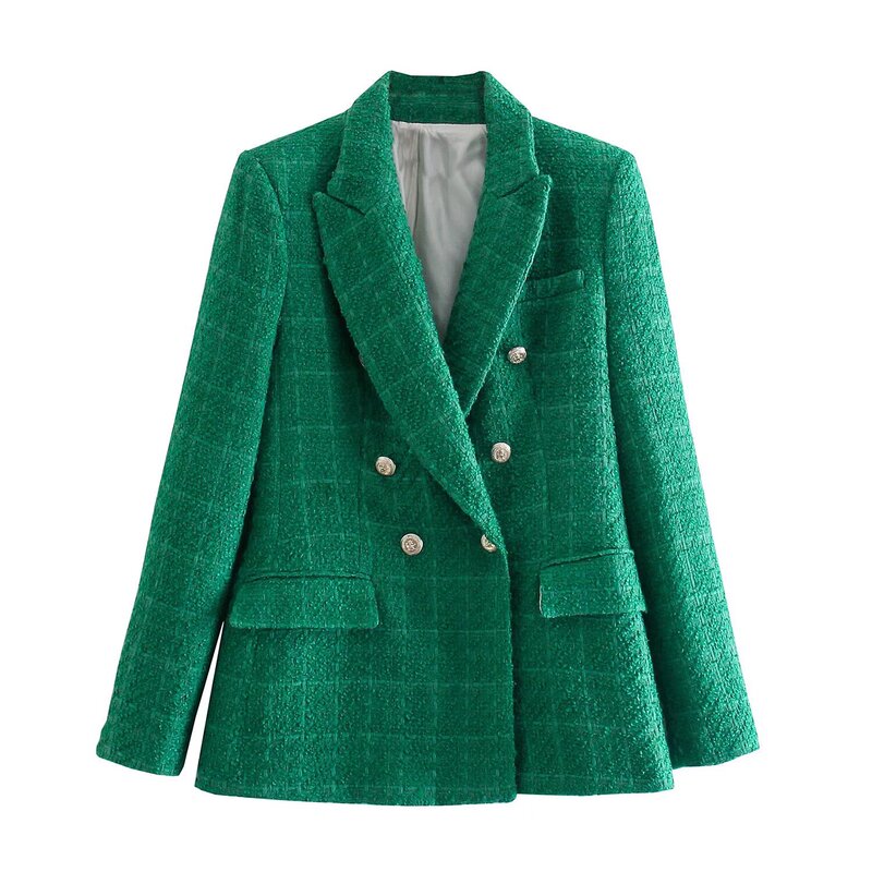 European and American Clothing Spring and Autum Fashion Double-Breasted Tweed Plaid Blazer Retro Long-Sleeved Flap Pocket Pants Suit Jacket