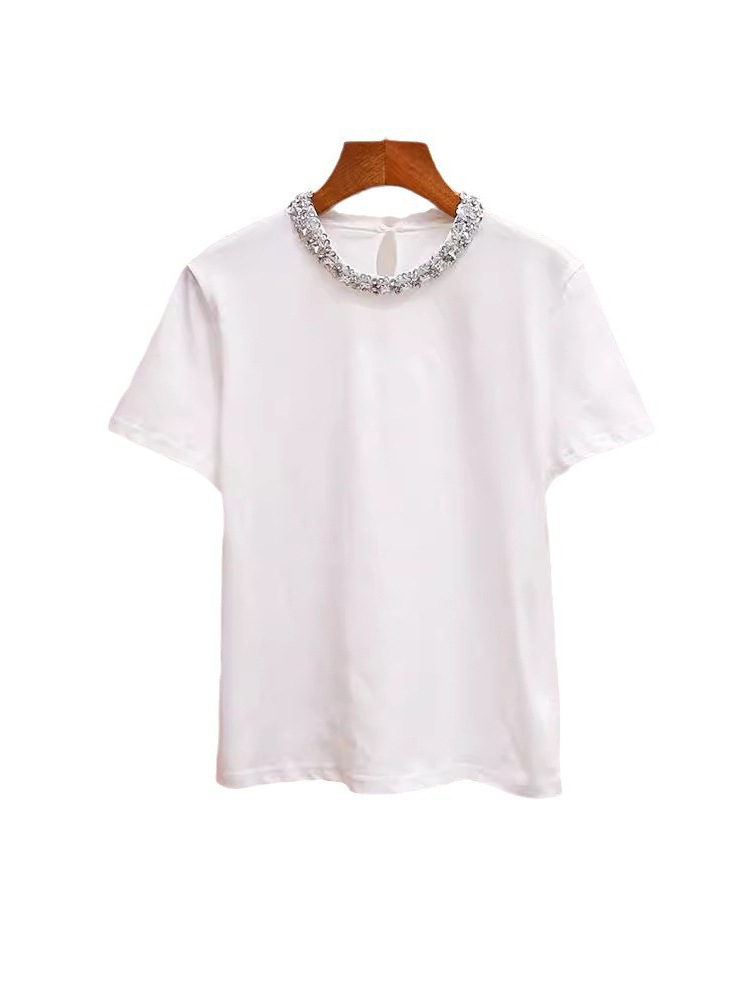 Shenzhen Nanyou High-End Women's Fashion Autumn New French-Style Heavy-Duty Rhinestone-Embellished Versatile Pure Cotton Regular Shoulder Short-Sleeve T-Shirt Top