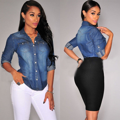 Slim Fit Jeans Shirt Female Denim Clothing Women&#39;s Blous