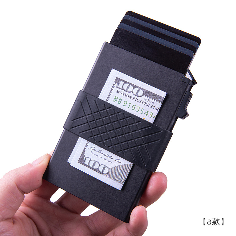 Cruz-frontera nueva caja de tarjeta de aleación de aluminio banda elástica billetera de los hombres de metal RFID anti-magnético titular de la tarjeta automática anti-robo