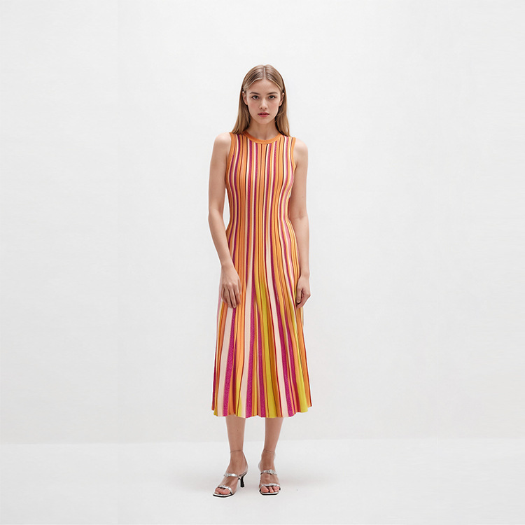 Cross-border Foreign Trade Nanyou High-end Summer Elegant Lady Crewneck Sleeveless Slim-fit Mid-length Striped Knitted dress