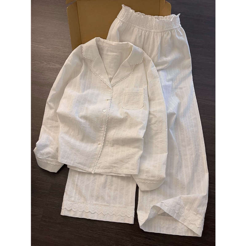 Gentle Style White Moonlight Pure Cotton Gauze Pajamas for Women Spring Lace Long-Sleeved Long Pants Home Wear Set That Can Be Worn Outside