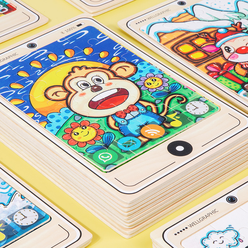 Madera transfronteriza 24 piezas modelo de teléfono móvil rompecabezas niños dibujos animados de madera plano rompecabezas juguetes de educación temprana