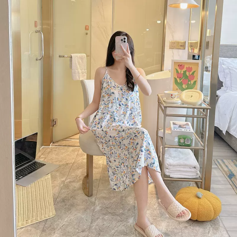 棉绸睡裙女夏季外贸薄款加大码睡衣性感吊带裙卡通印花吊带外穿裙