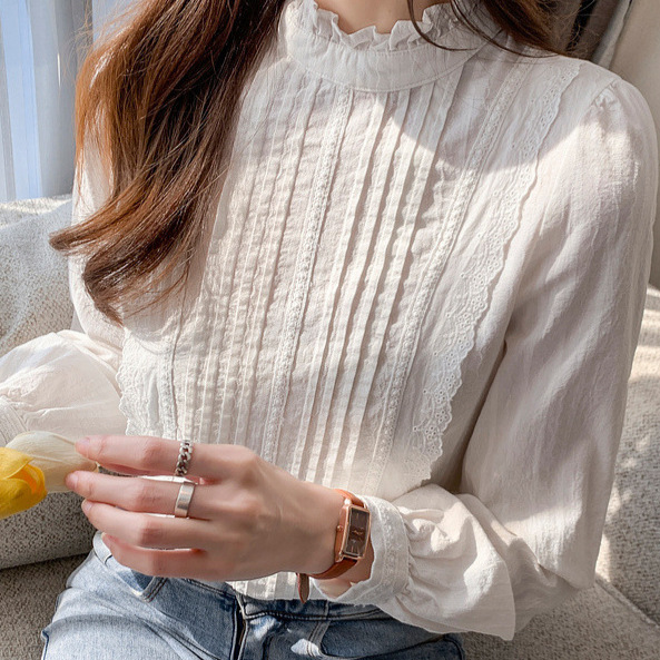 2025 New Early Autumn Fleece-Lined White Sweet Lace Edge Chiffon Long-Sleeved Shirt with Ear-Shaped Stand Collar Versatile Shirt