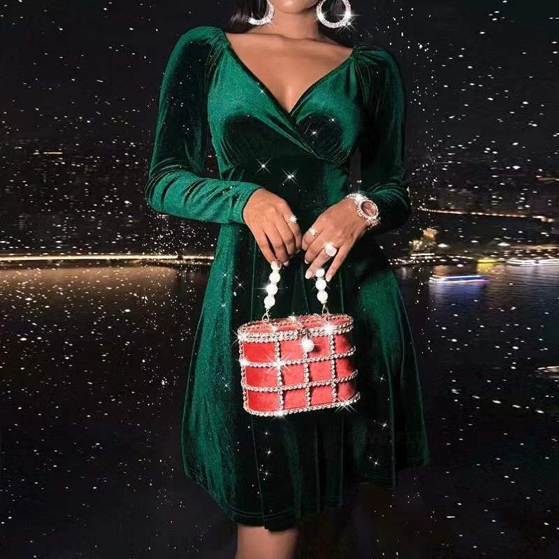 Women's Slim Fit V-Neck Long-Sleeve Dress