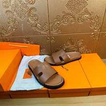 欧洲站高端奢侈品真皮拖鞋男踩屎感夏季外穿H一字拖鞋防滑防臭时