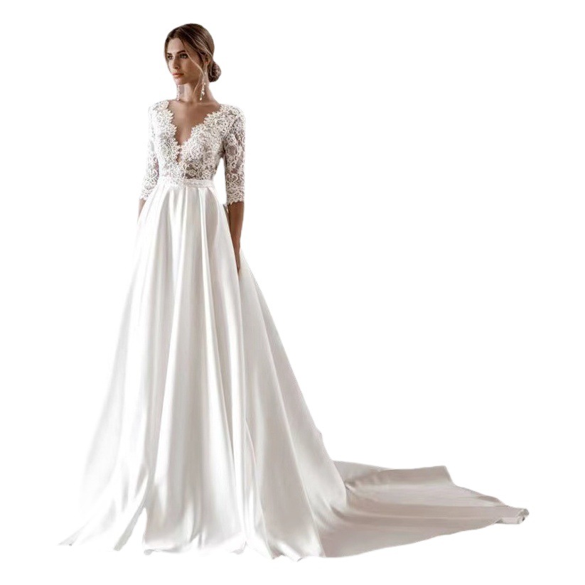 El Comercio exterior europeo y americano Amazon AliExpress desea nuevo vestido de novia de encaje con cuello en V sexy para adelgazar vestido de novia largo