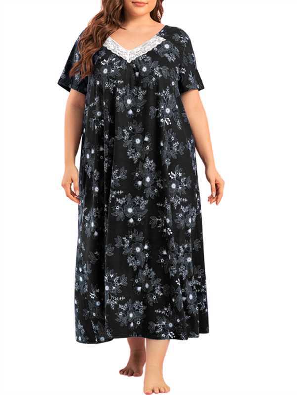 Invierno 2025 Amazon Camisón de mujer europea y americana Imitación algodón estampado de encaje costura cuello en V falda larga de manga larga servicio a domicilio sueño image 1