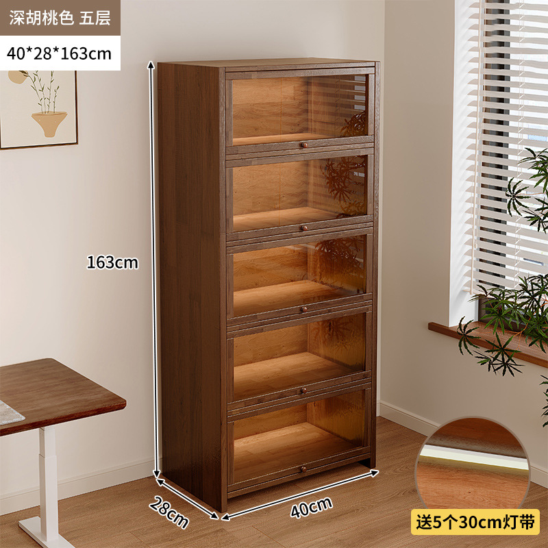 Librería de madera maciza a prueba de polvo integrada contra la pared Armario de almacenamiento de color nogal Armario de almacenamiento Armario de piso Estantería para el hogar