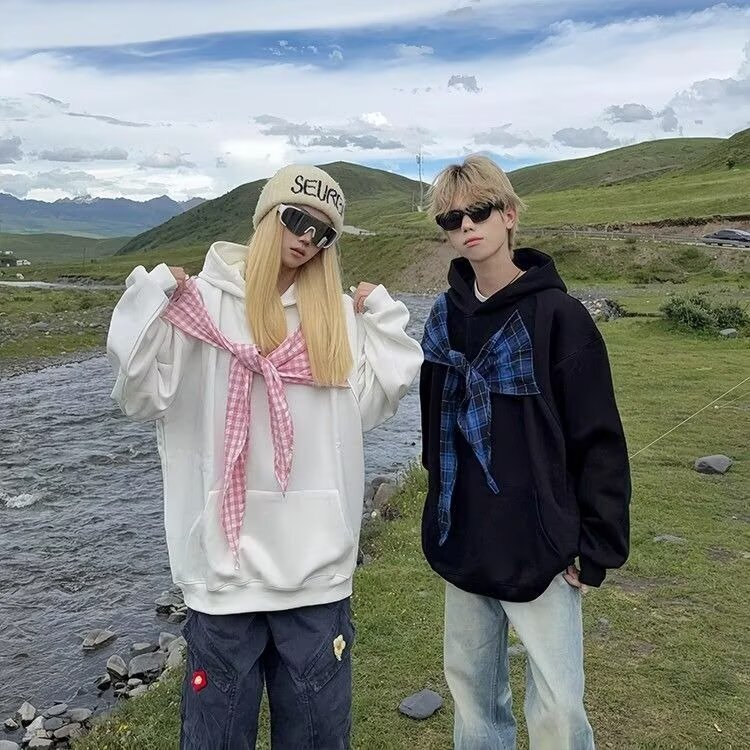 Soul sweet patchwork color-block Korean-style loose hooded sweatshirt with a drawstring tie collar, a uniquely designed and niche top/jacket