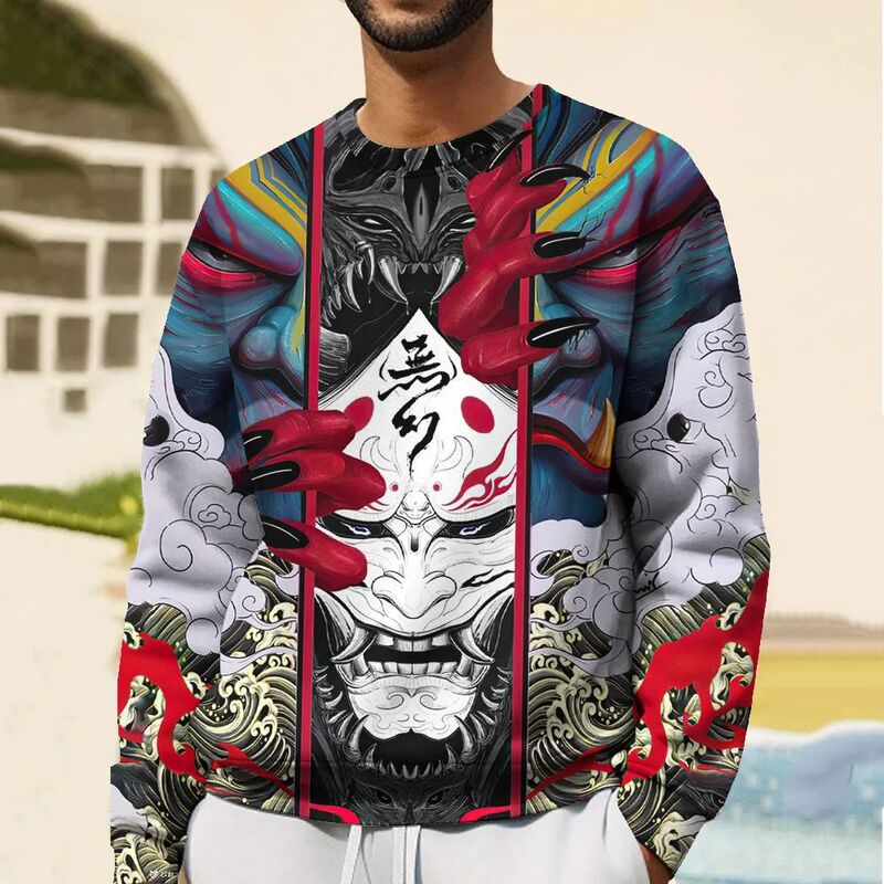 2024 New Trendy 3d Ghost Mask Printed T-Shirt Men's and Women's Autumn Round Neck Sweatshirt Fashion Men's Hatless Men's