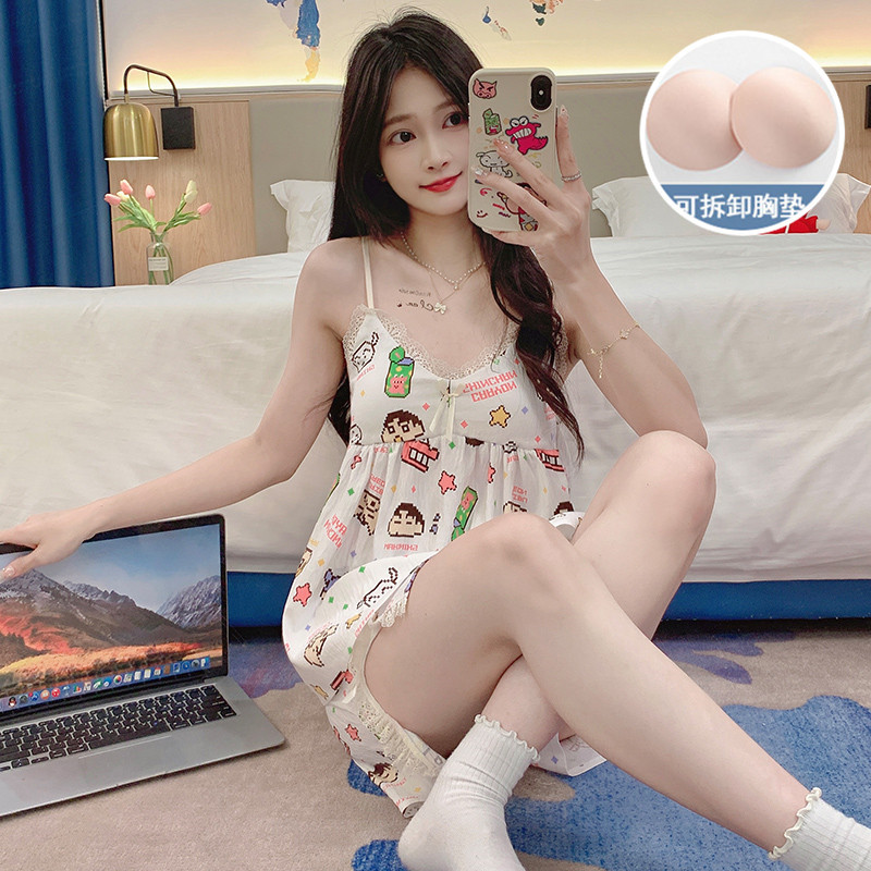 2024 verano nuevo pijama mujer tejido nubes de algodón cinturón cojín de pecho cabina niña dulce y fresco conjunto de ropa para el hogar