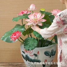 落地鱼缸带盆仿真荷花荷叶套装中式客厅餐厅家居摆件装饰塑料假花