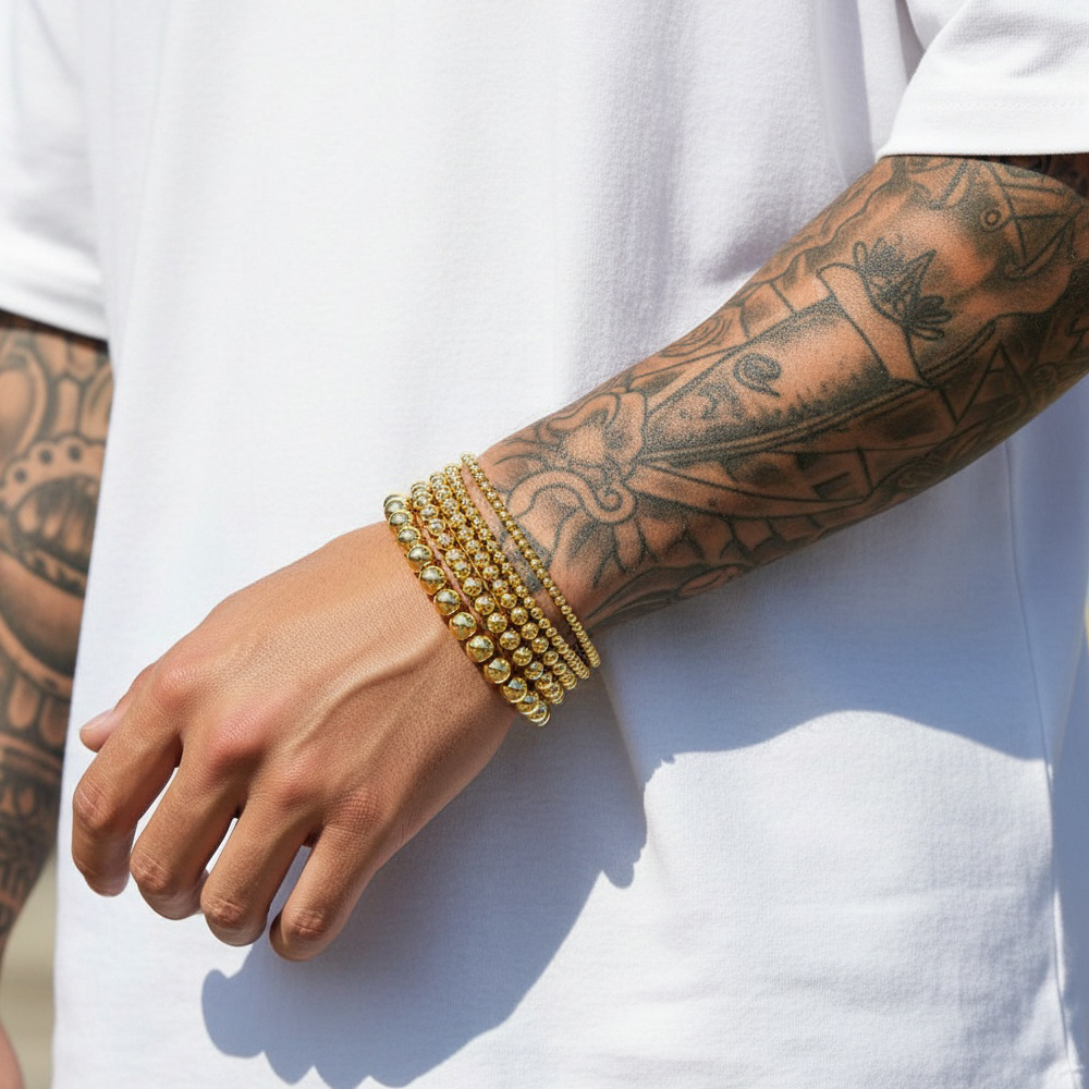 Pulsera elástica de cuentas chapadas en oro de 18 quilates, éxito de ventas transfronterizo en Europa y América, pulsera de cuentas de moda hip-hop personalizada de alta gama que conserva el color