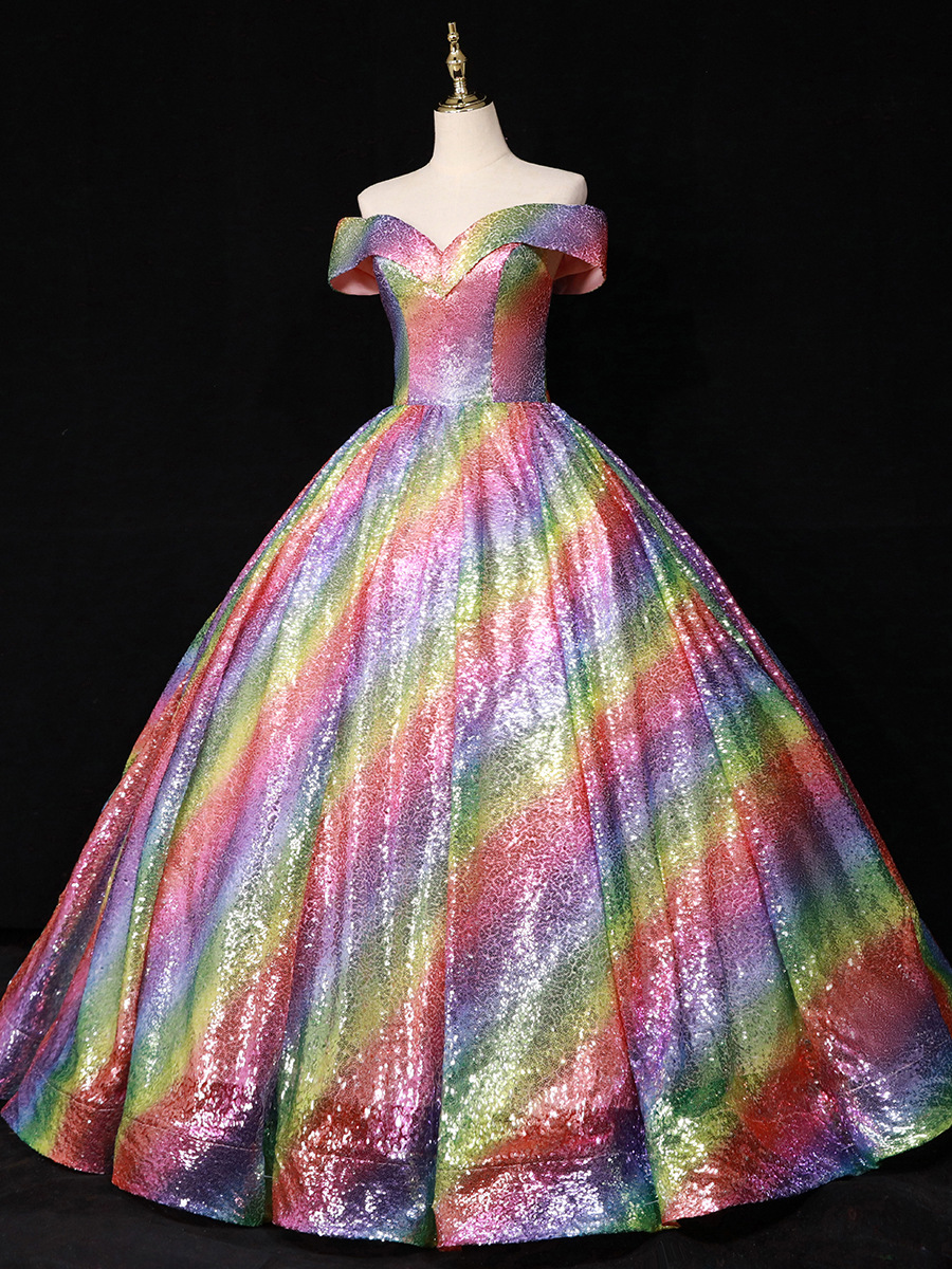 Damenbekleidung Braut verträumtes buntes Paillettenball-Performance-Kostüm mit einer Schulter Hochzeitskleid_voghion.com