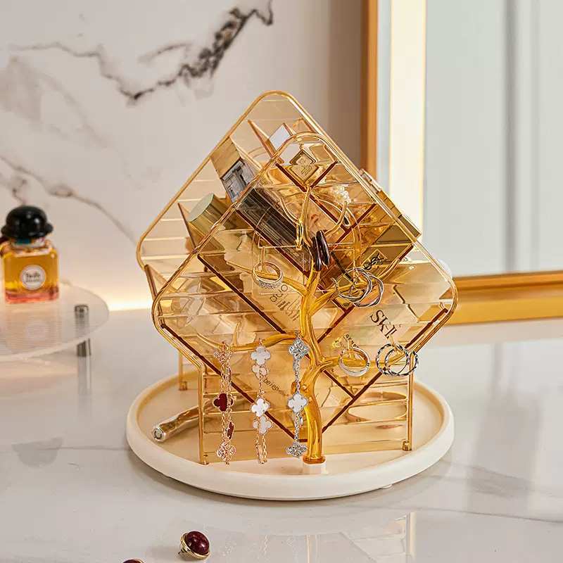 化妆品收纳盒桌面可旋转收纳盒子家用梳妆台饰品分格多功能储物盒