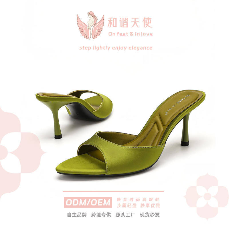Summer green high-heeled sandals, light luxury European and American fashion, pointed toe stiletto heels, elegant satin high-heeled mules