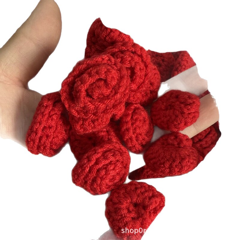 成品手工编织玫瑰花小红花仿真花diy毛线花半成品花毯配件情人节|undefined