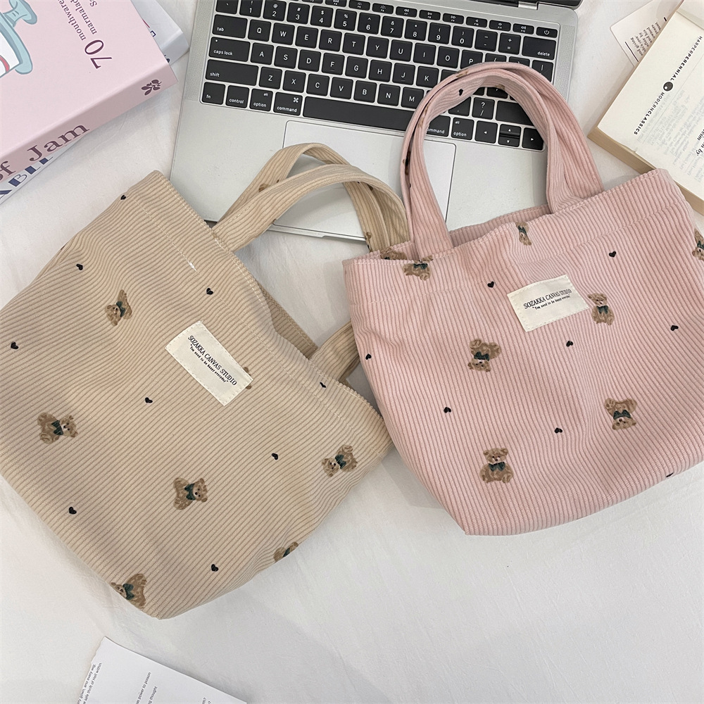 Open Closure Type Women's Corduroy Little Bear Cute Square Open Tote Bag