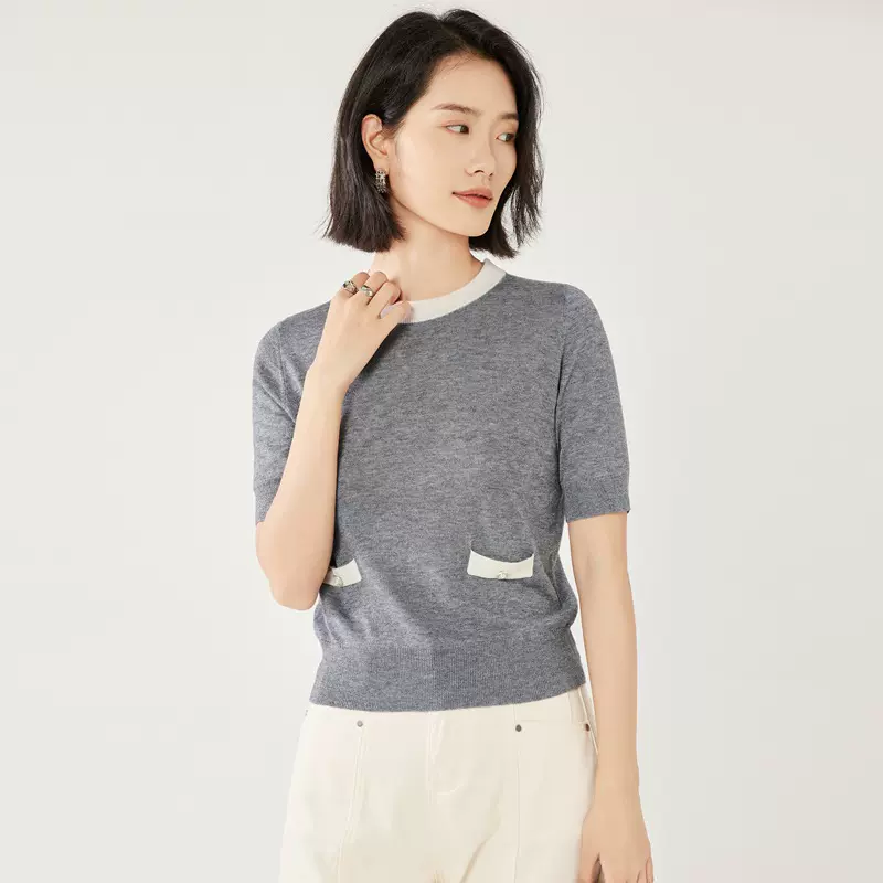 小雅小莹同款小香风金丝羊毛针织衫女夏薄款短袖气质圆领套头上衣