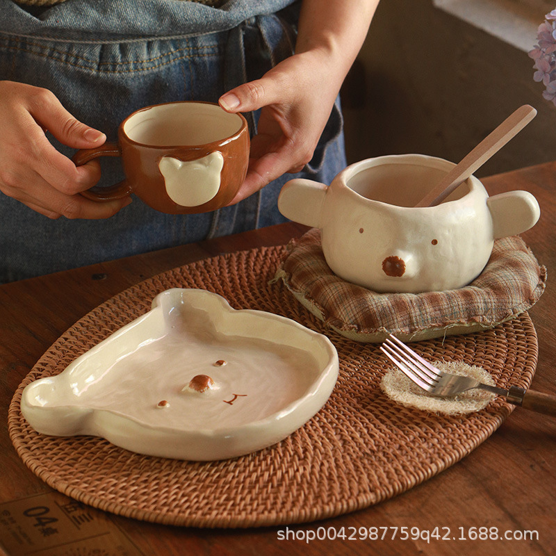 Pupu Bear Canteen Cuenco de arroz pellizcado a mano Cuenco de dibujos animados de color vidriado irregular pellizcado a mano Cuenco de postre Taza