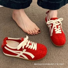 真皮德训阿甘鞋女款2025新款红色复古休闲平底百搭ins潮运动板鞋