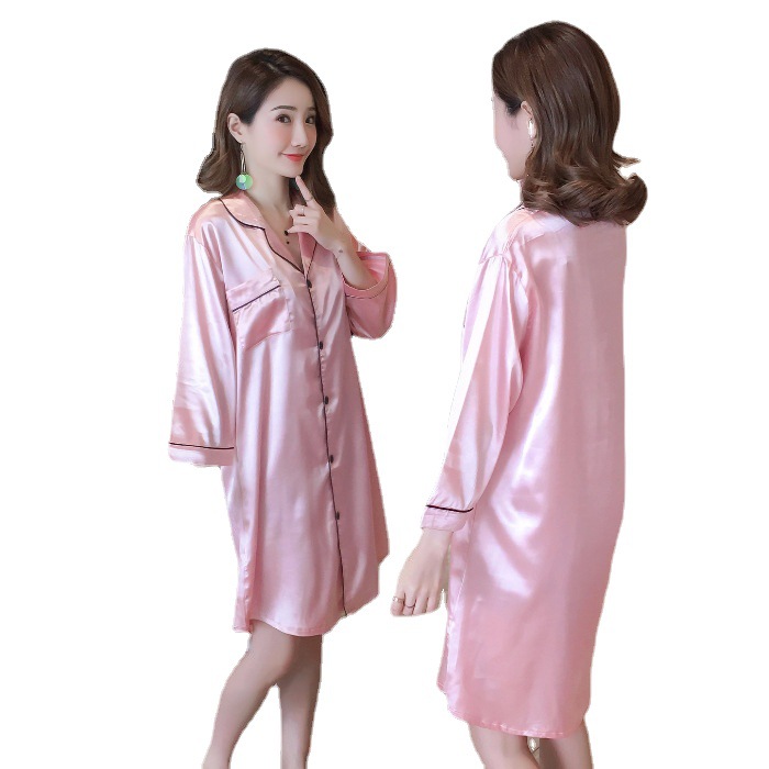 La primavera y el Otoño de color puro de manga corta de seda de hielo de seda de simulación de ropa para el hogar gordita chica usable más tamaño camisón