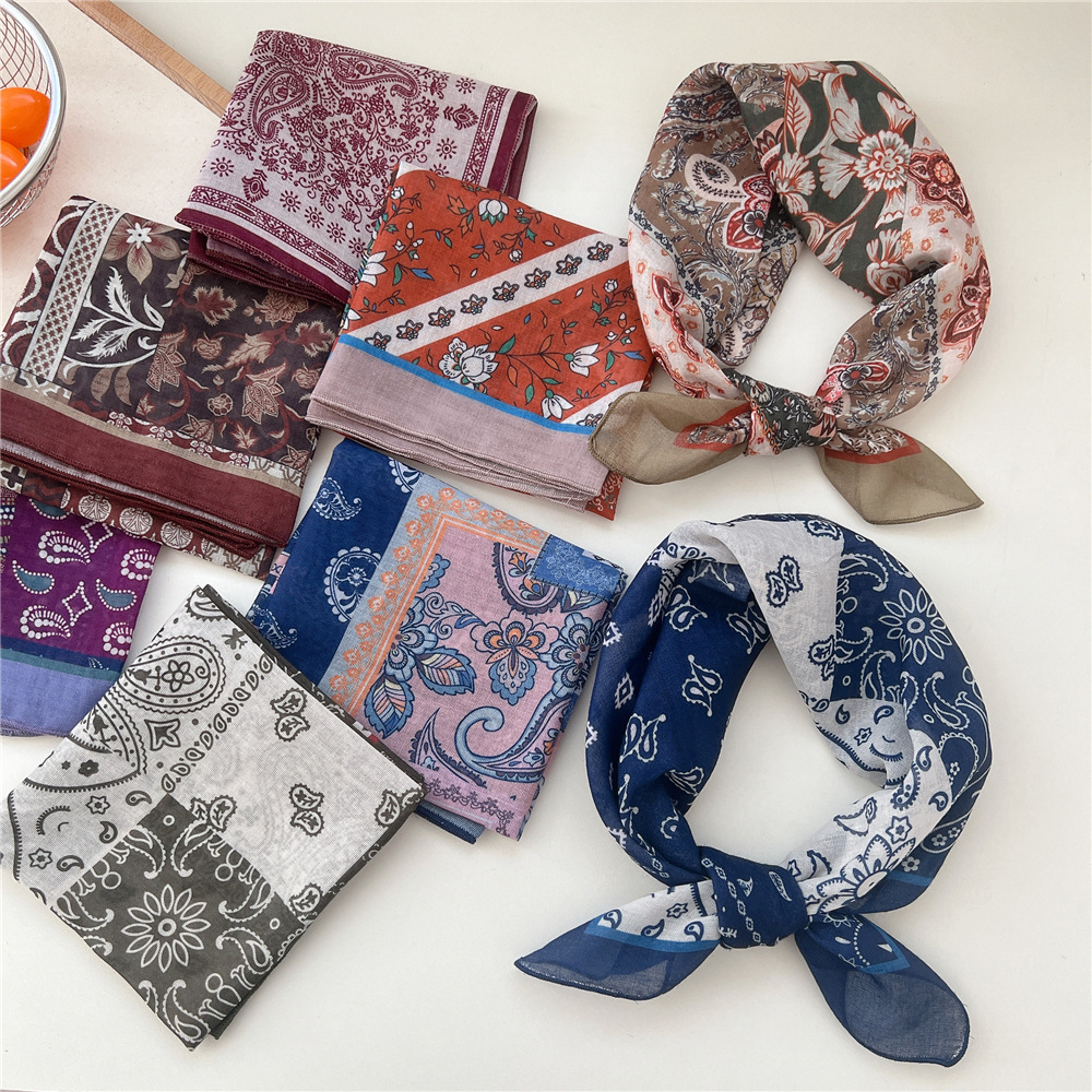 55春夏季清新透气女柔软文艺装饰小丝巾日系百搭腰果棉麻小方巾