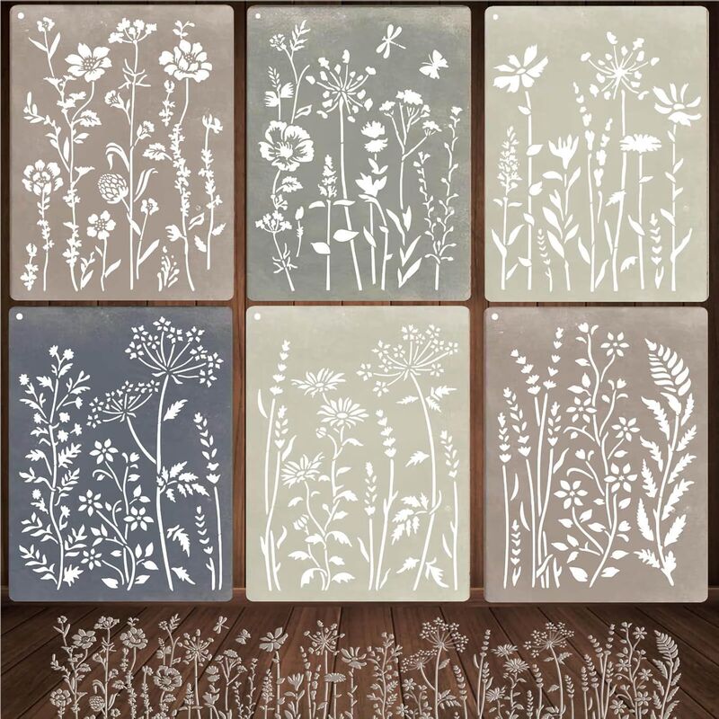 Cross-Border Hot-Selling Six-Piece Wildflower Painting Templates, Large and Reusable, Diy, Wholesale from Manufacturer, Supports Dropshipping