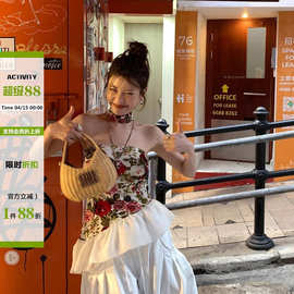 DULA好好家 花朵假日曲/碎花荷叶边辣妹抹胸背心夏季修身飘带上衣
