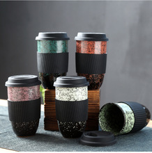 厂家欧式陶瓷咖啡马克杯带硅胶盖隔热套大容量水杯随手杯吸光杯