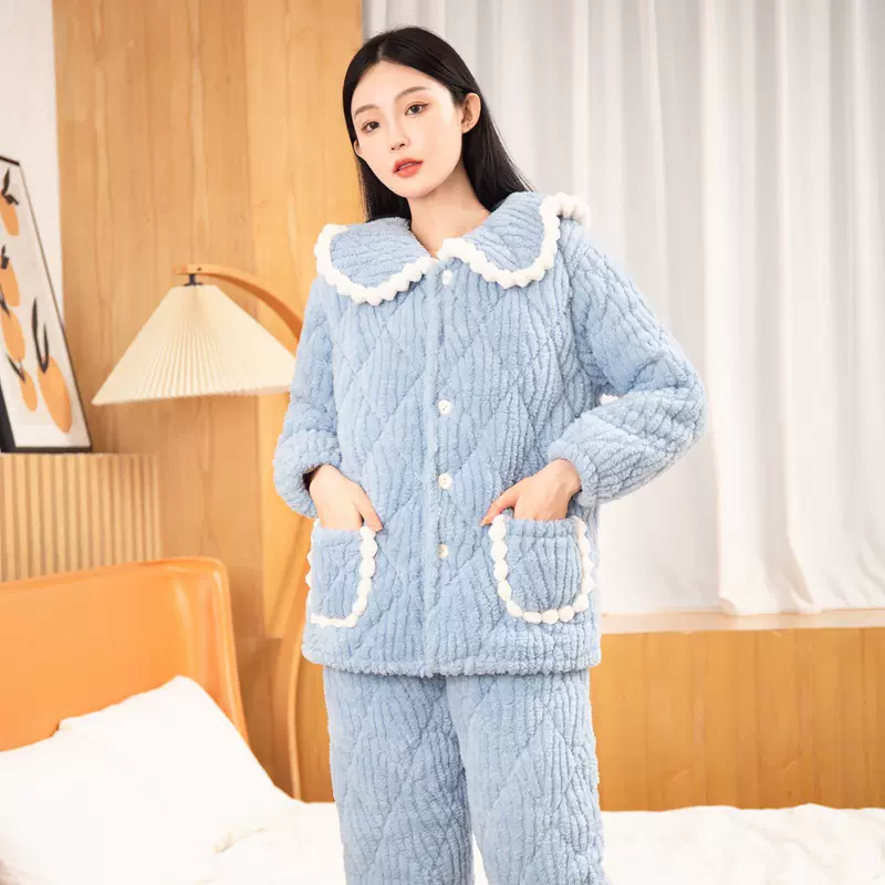 2024新款女士睡衣套装 法兰绒三层夹棉加厚保暖家居服厂家批发冬