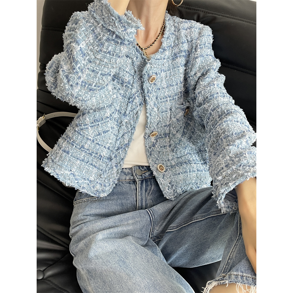 Mengzi chic round neck tweed frayed edge Chanel style coat for women Spring and Autumn socialite style short top for women X1492