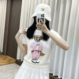 高品质RL拉夫小熊印花针织衫童趣减龄元气短袖百搭休闲通勤上衣女
