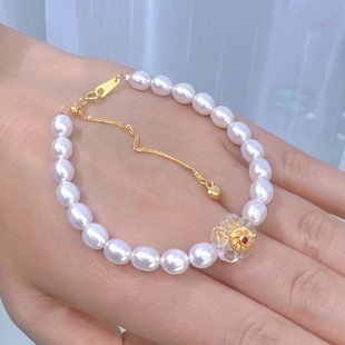 Sweet Niche Freshwater White Pearl Bracelet S925 Sterling Silver Inlaid with White Crystal Pull-Out Adjustable Simple and Classy