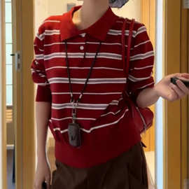 红色条纹polo衫长袖t恤女秋冬设计感独特漂亮毛衣翻领针织衫上衣