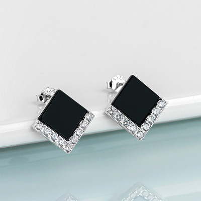 S925 Set natural Black Jadeite Emerald Dark Jade Respect Ear Studs jade fashion lady high-grade Earrings