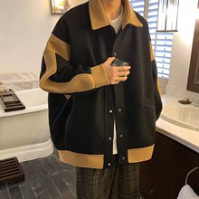 男士百搭冬季撞色翻领毛呢夹克宽松外套保暖港风潮流小香风呢大衣