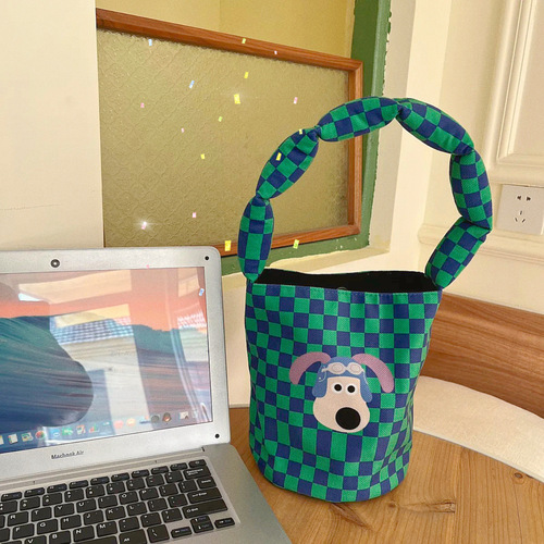 New Japanese and Korean fashionable cute dog cotton-filled shoulder strap cylinder bag simple plaid versatile mommy bag lunch box bag for women