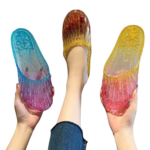 Summer New Crystal Toe Sandals Women Summer Outdoor Fashion Flat Bottom Slippers Home Use Anti-Slip Hollow Jelly Shoes 