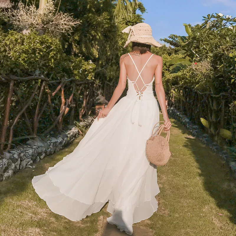 Морское праздничное платье Санья пляжная юбка 2023 новый белый без спинки фея Бали туристический праздник длинные волосы