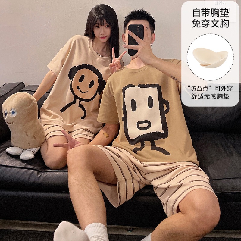 Physical Store Summer Couple's Double Short Pajamas Men's Casual Style Women's Pajamas with Chest Pad Pull Rack Imitation Cotton suit