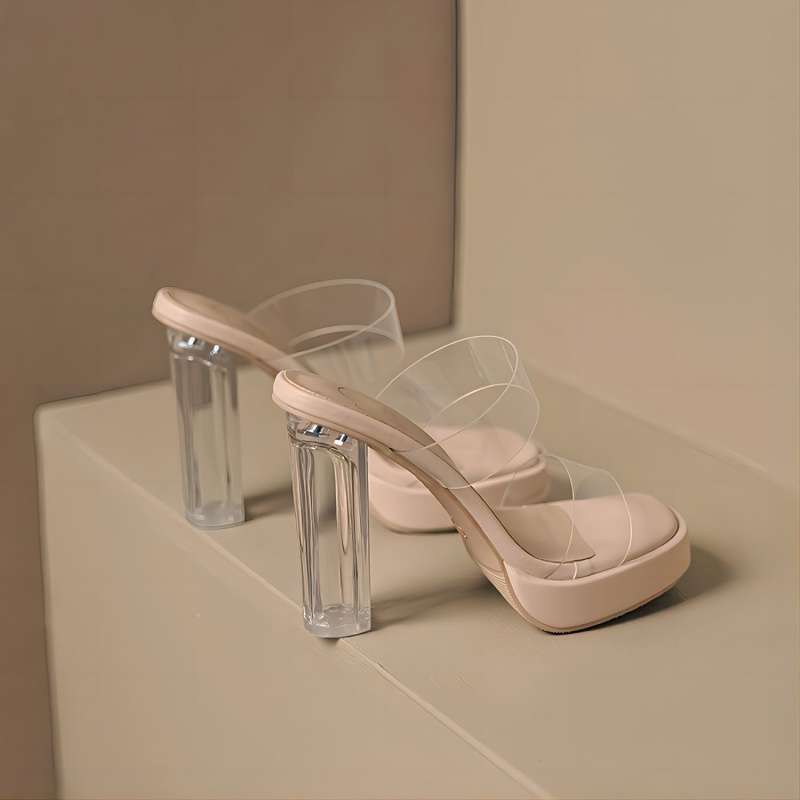 One-character High-heeled Sandals with Transparent Strap and Chanel Style High-end Super High-heeled Thick Sole Summer Going Out Sexy and Shown Small Feet