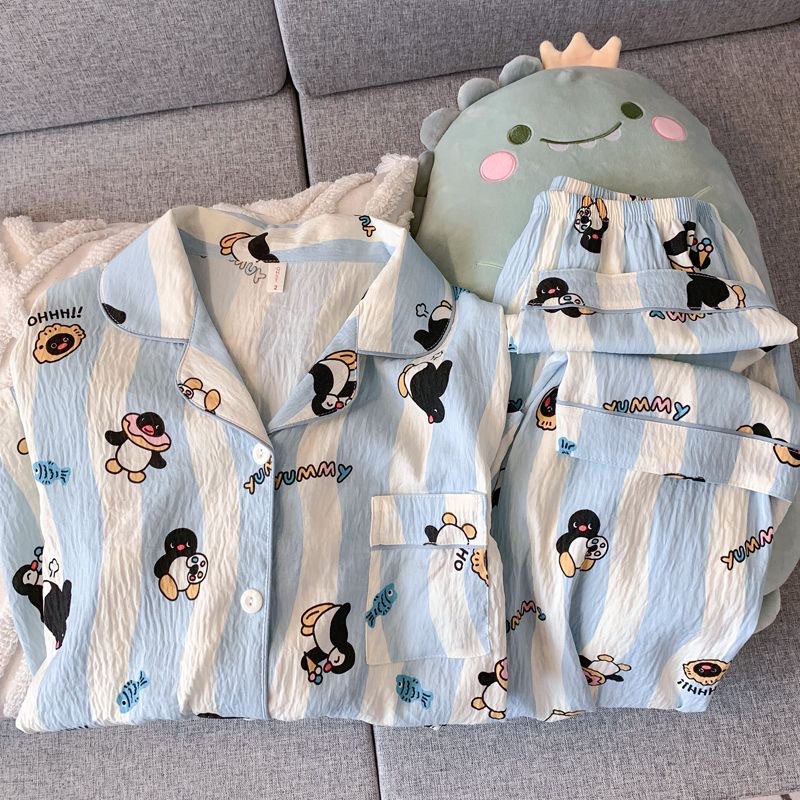 Pijamas de algodón de nube al por mayor transfronterizo, pantalones de manga larga para mujer, solapa, otoño nuevo estilo, linda rebeca, dulce servicio a domicilio, gato kt