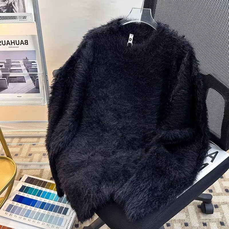 2024 autumn and winter solid color mink velvet long sleeve sweater men's and women's soft waxy bf style sweater couple's sweater