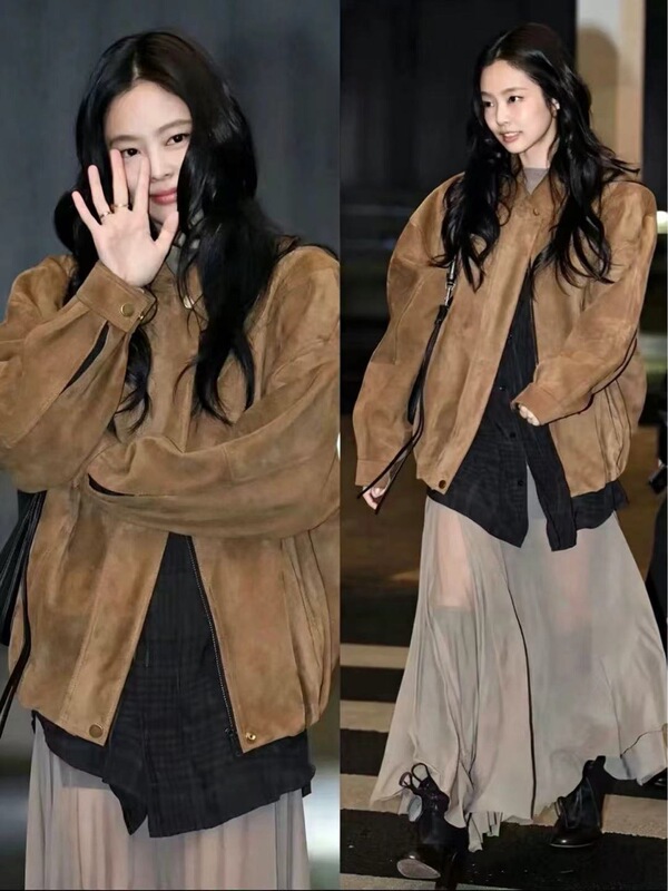 In-stock suede aviator jacket, Korean designer women's clothing, Jennie's same style, zip-up Korean-style coat In-stock suede aviator jacket, Korean designer women's clothing, Jennie's same style, zip-up Korean-style coat