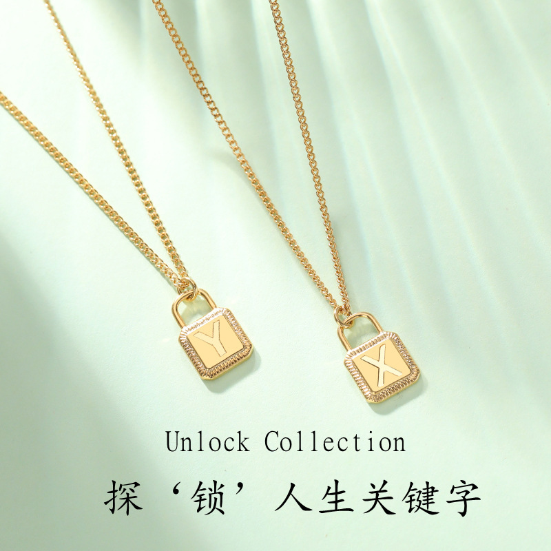 Exploration Series Bloggers Men's and Women's Trendy Lock 26 Letters Square Pendant Plated 18K Gold Necklace Jewelry Europe and America