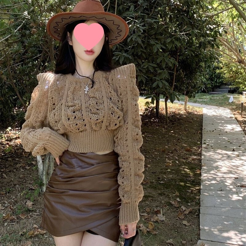 Gentle Style Early Autumn Tops for Women 2025 Winter New Style Cut Out Long-Sleeved Knitted Right-Angle Shoulder Twist Puff Sleeve Sweater Gentle Style Early Autumn Tops for Women 2025 Winter New Style Cut Out Long-Sleeved Knitted Right-Angle Shoulder Twist Puff Sleeve Sweater